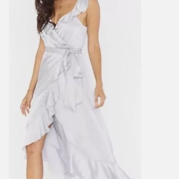 Show Me Your MuMu Dresses & Skirts - SHOW ME YOUR MUMU Samantha Ruffle Wrap Dress Bridal Silver Luxe Satin Size Small